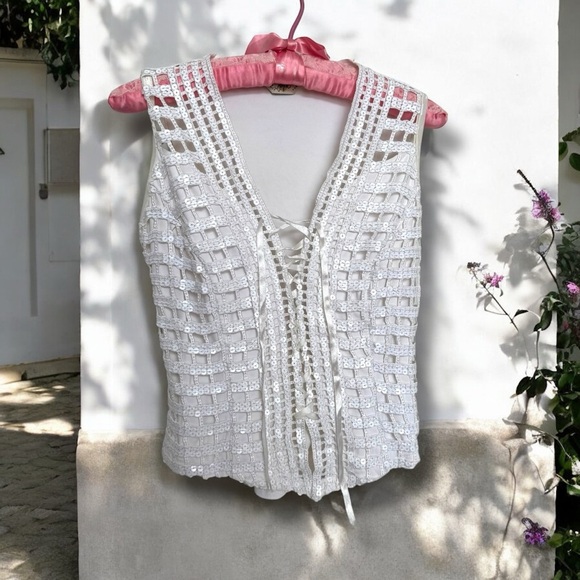 Vintage French White Crochet Lace-Up Women's Top sequins mermaid Fairycore M - Picture 1 of 7